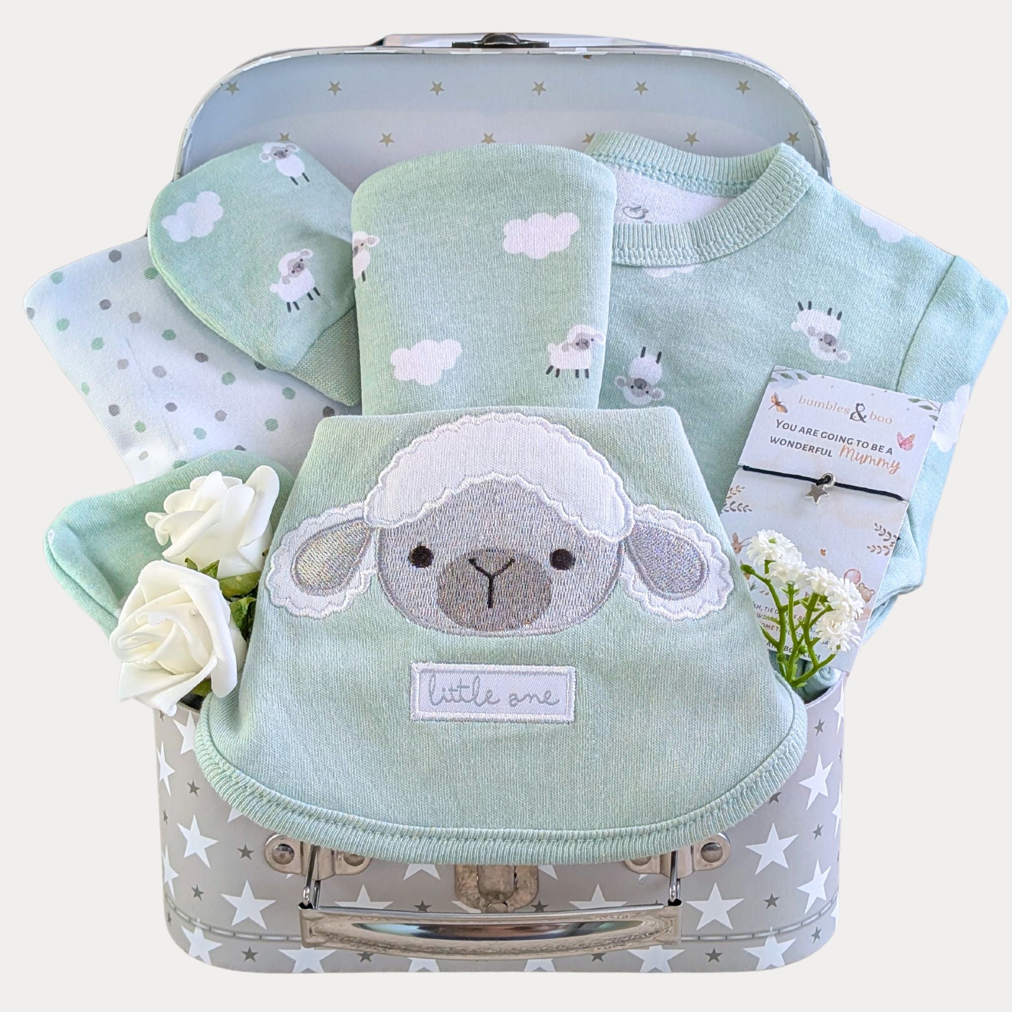 Baby gifts hamper with green baby clothes set with lamb design.