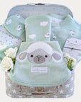 Baby gifts hamper with green baby clothes set with lamb design.