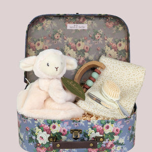 baby gifts hamper louise lamb includes lamb soft toy, teething ring, muslin square and silver brush and comb set