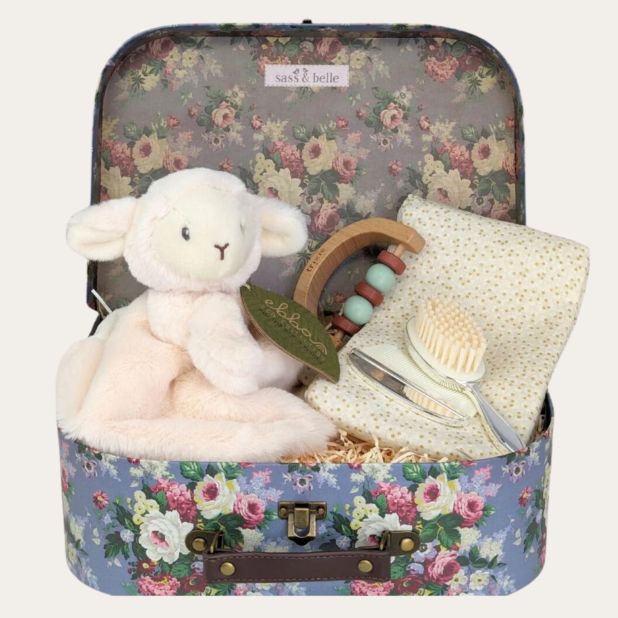 baby gifts hamper louie lamb includes lamb soft toy, teething ring, muslin square and silver brush and comb set