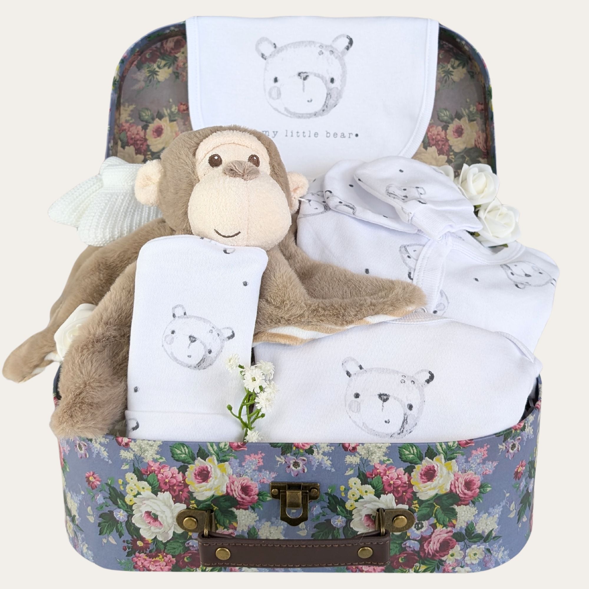 baby gifts keepsake trunk with monkey, clothing and baby booties