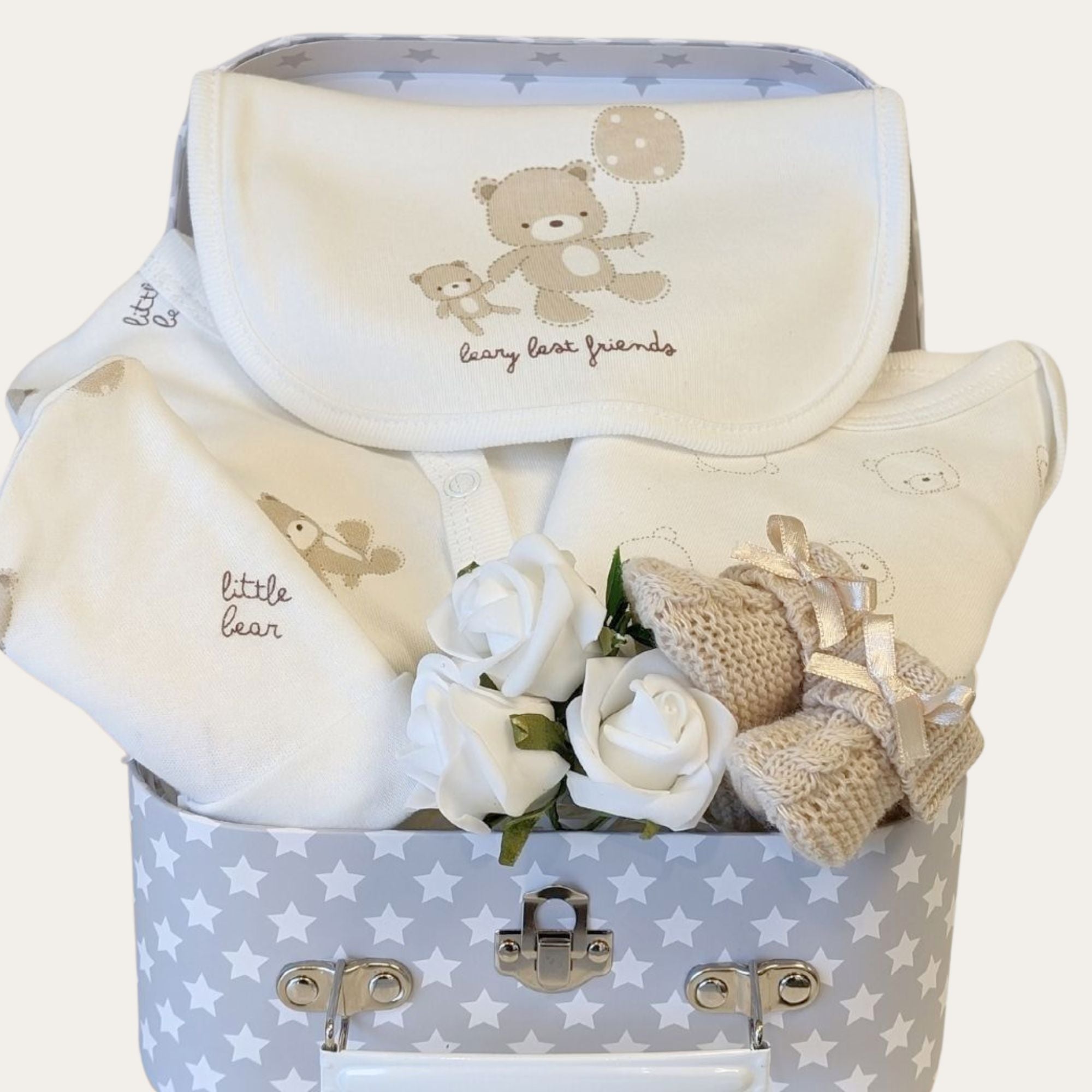 baby gifts trunk with teddy bear and baby booties