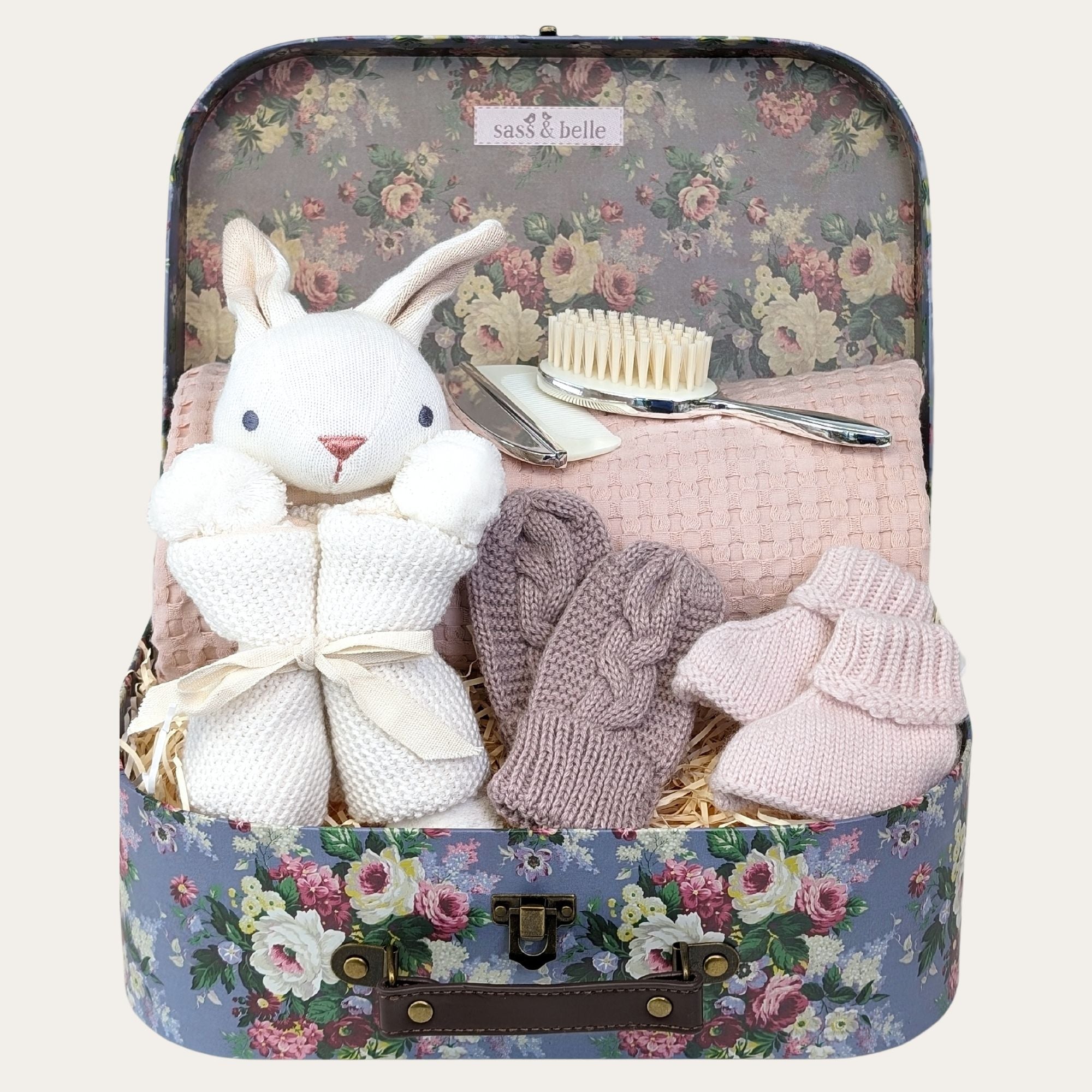 baby girl keepsake hamper gifts with bunny comforter, baby cashmere booties, knit mittens, blanket and silver brush and comb.