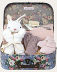 baby girl keepsake hamper  gift with bunny comforter, baby cashmere booties, knit mittens, blanket and silver brush and comb.