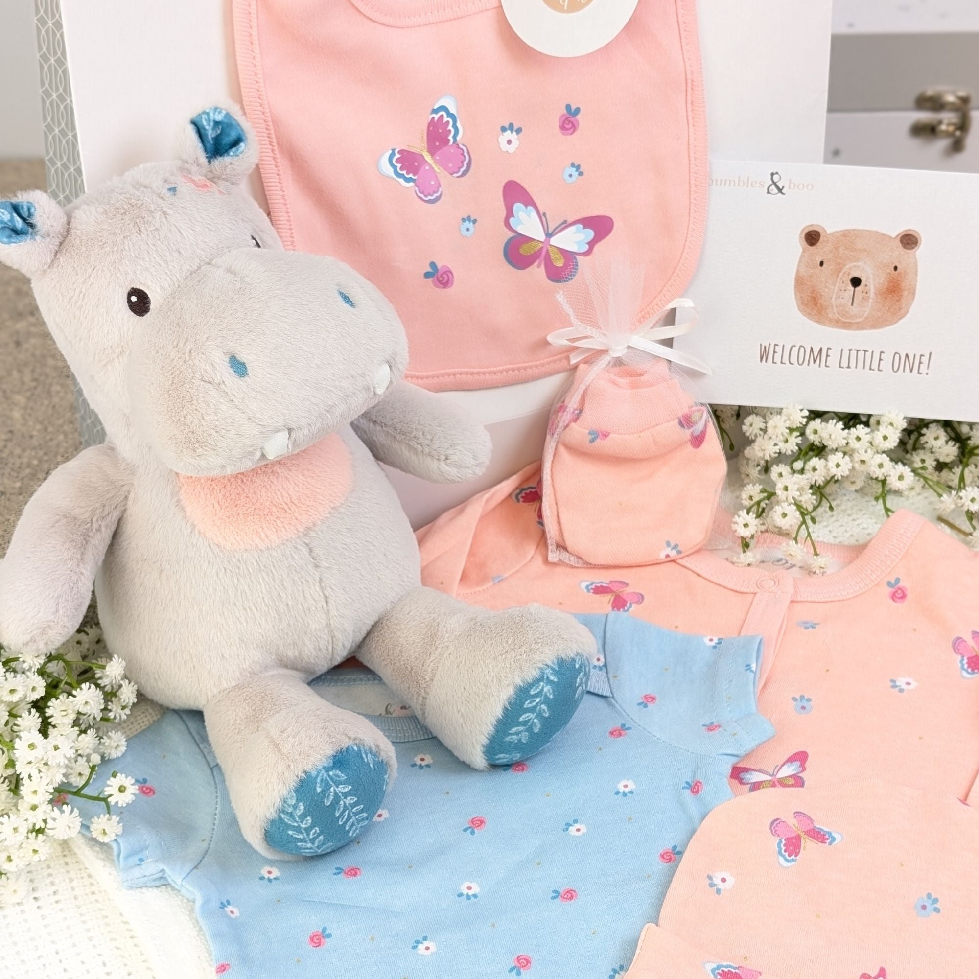 baby girl gifts bag with clothing set and hippo soft toy