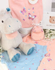 baby girl gifts bag with clothing set and hippo soft toy