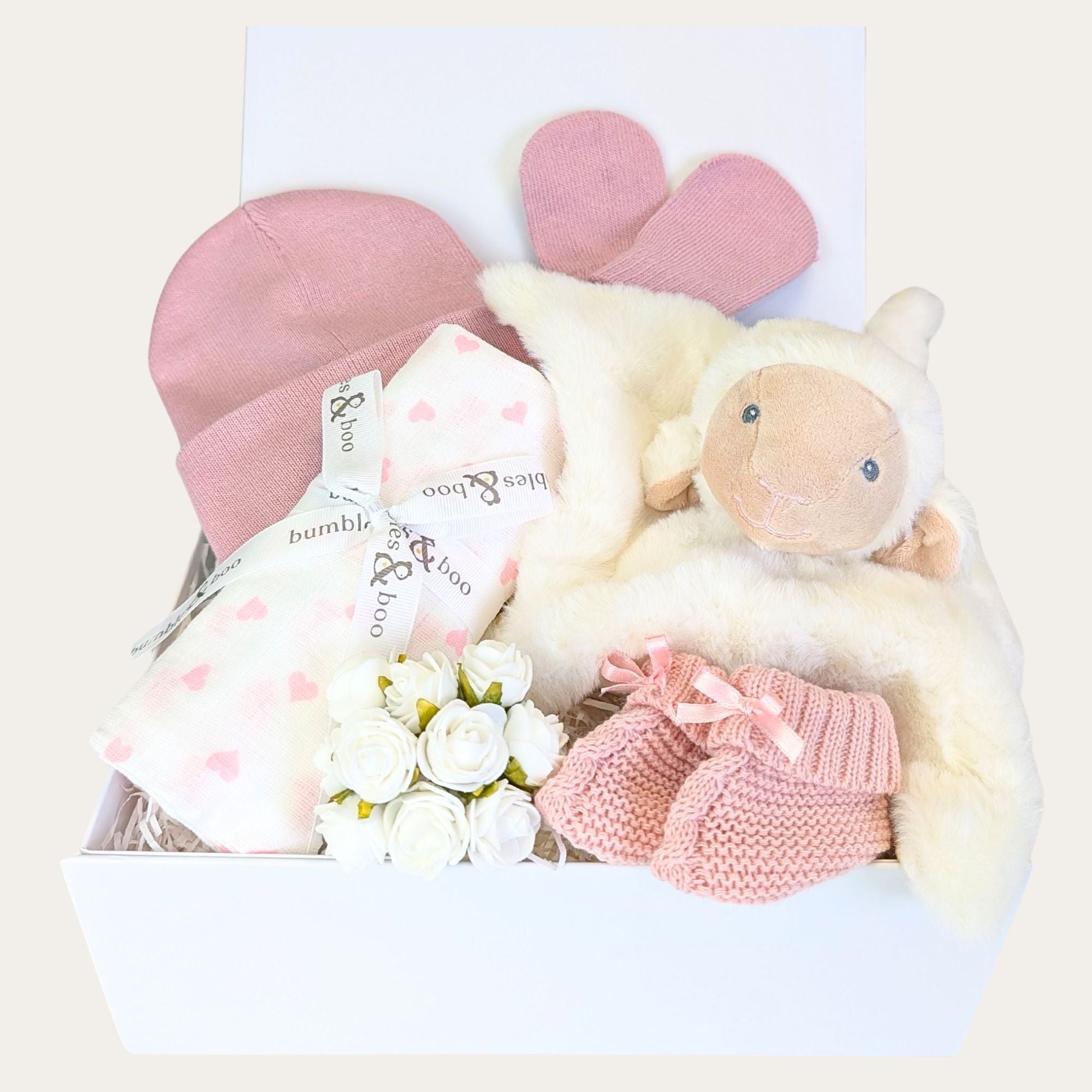 baby girl gifts box with dusky pinks and lamb soft toy. bumbles and boo.