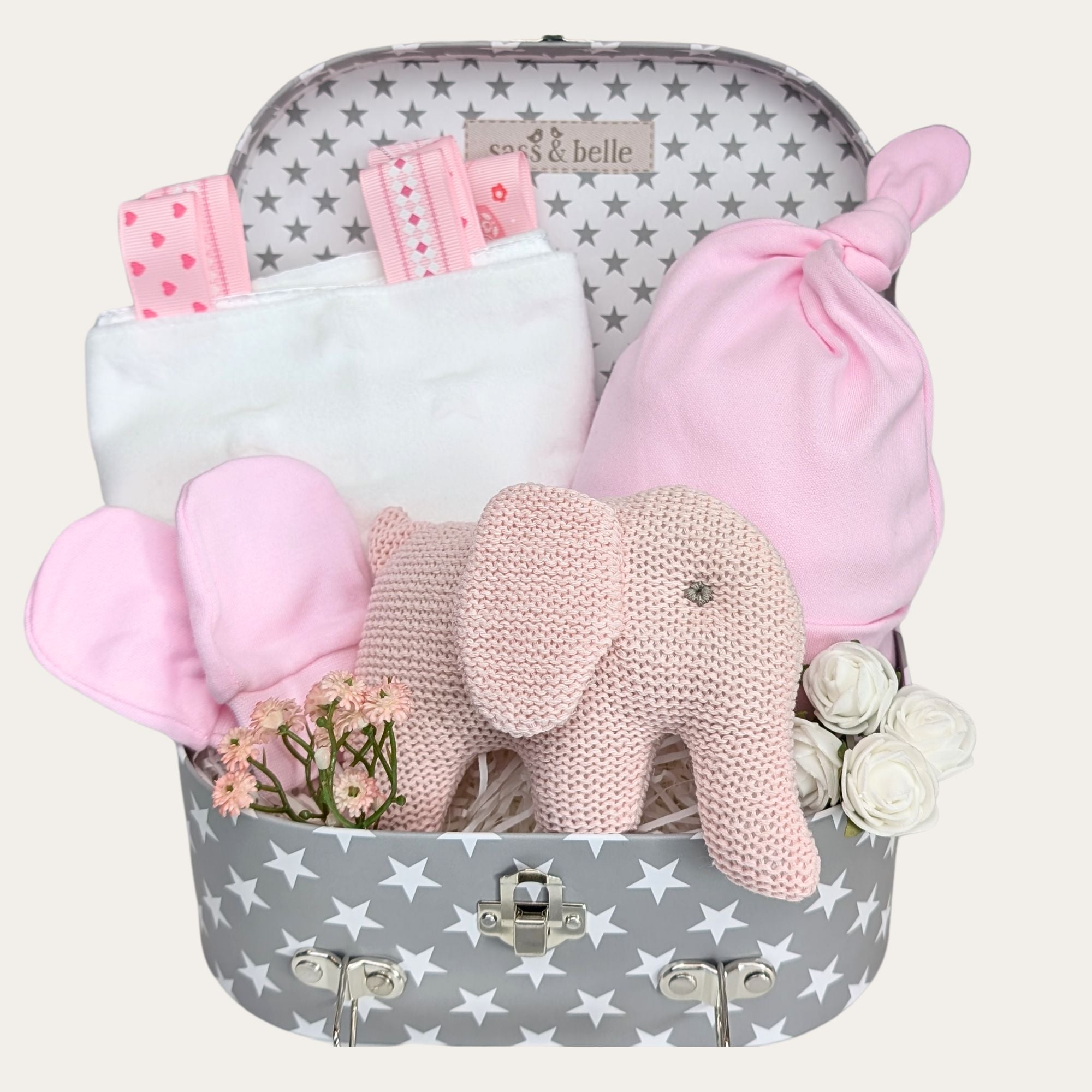 Organic elephant baby gift hamper with soft plush toy, sensory taggie, and baby clothing – Bumbles and Boo.