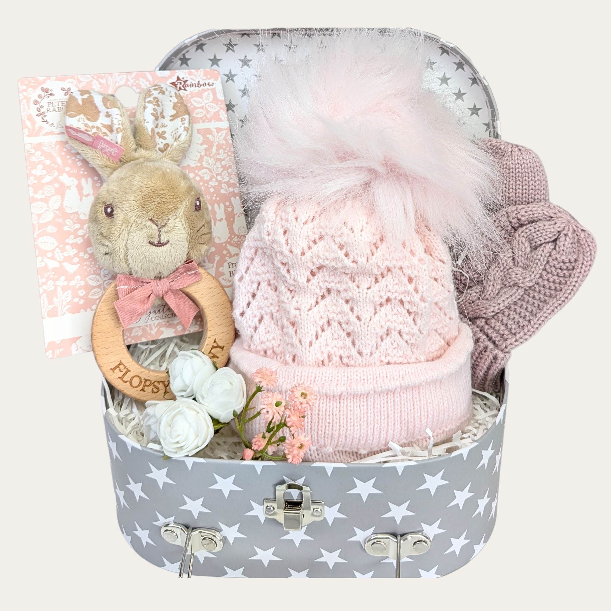 flopsy bunny baby girl gift trunk with pompom hat, baby mittens and flopsy bunny rattle. Bumbles and Boo.