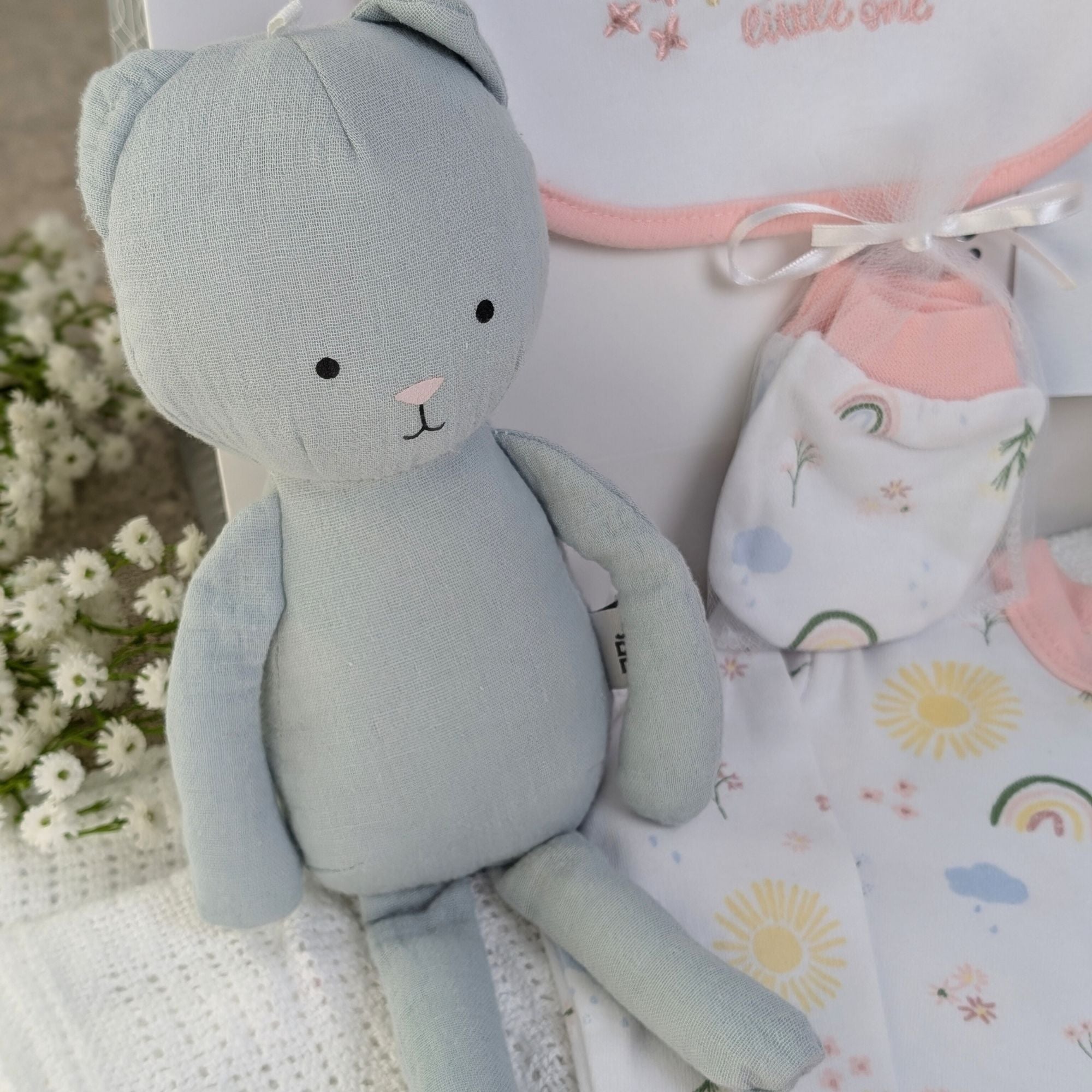 New baby girl clothing gifts hamper with a five piece rainbow themed clothing set and grey organic kitten soft toy. Presented in a hamper bag.