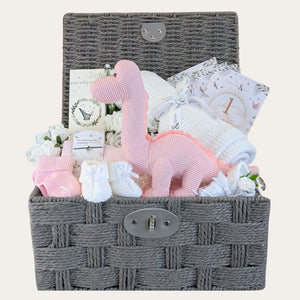 Baby girl gifts including organic pink dinosaur, cellular baby blanket and milestone cards in a dark brown hamper basket.