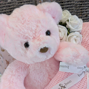 pink teddy bear in a hamper for a baby girl