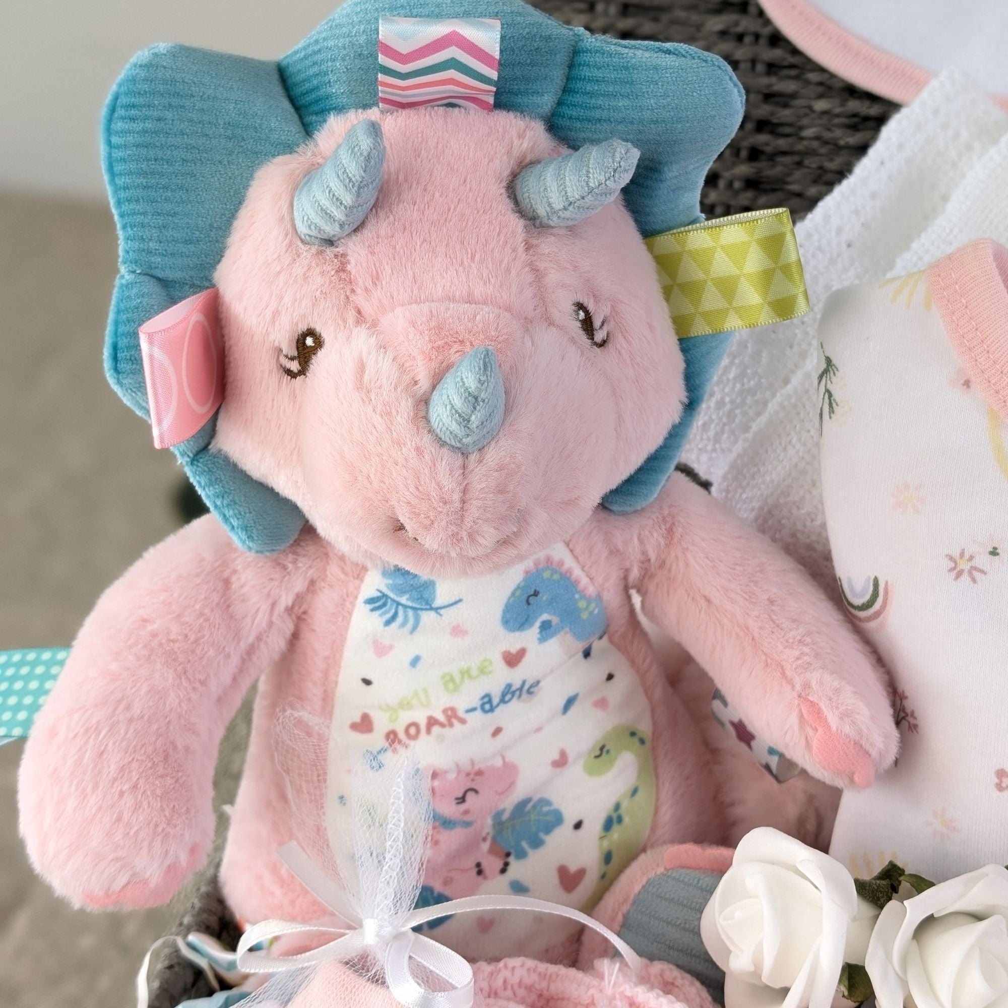 baby girl gifts hamper with dinosaur soft toy pink and blue