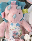 baby girl gifts hamper with dinosaur soft toy pink and blue