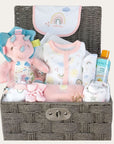 baby girl gifts hamper basket with pink baby clothes set and dotty dinosaur soft toy.