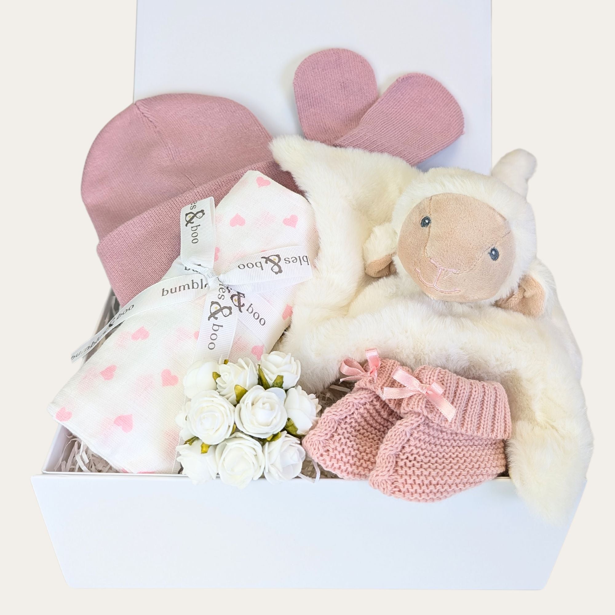 baby girl gifts box with dusky pinks and lamb soft toy 