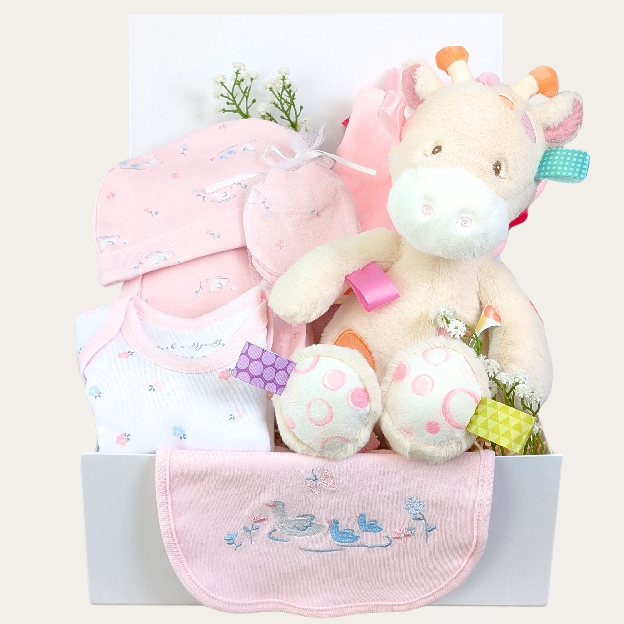 baby girl gifts box hamper with giraffe soft toy and clothing set