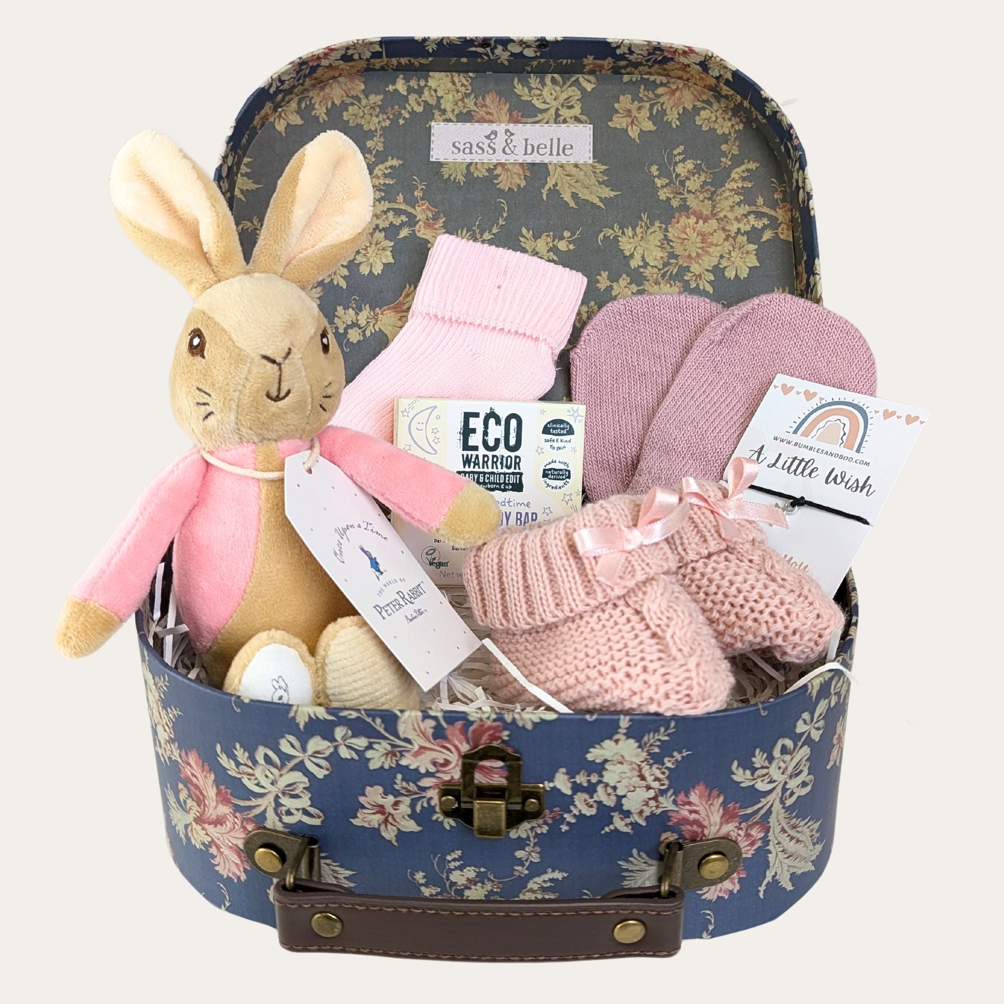 baby girl gifts trunk hamper with flopsy bunny soft toy baby booties baby socks baby mittens and a bracelet for mum bumbles and boo