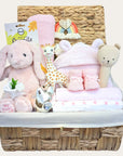 baby girl hamper basket with gifts including pink bunny, cellular baby blanket, silver money box packed in a hamper basket.