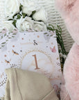 baby girl gifts hamper with large dusky pink teddy, chocolates, theething rings, nursery plaque, baby booties, hat and milestone cards.