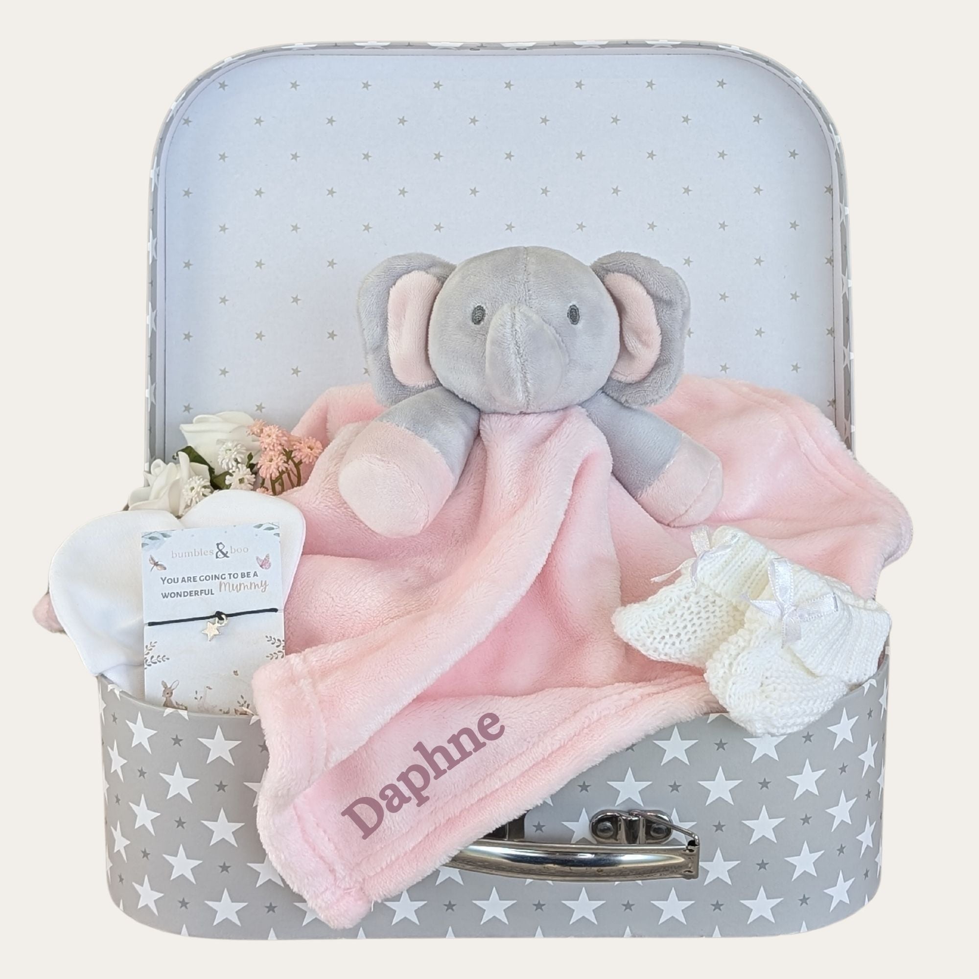 baby girl gifts hamper with pink elephant comforter, baby booties, baby mittens and bracelet for mum