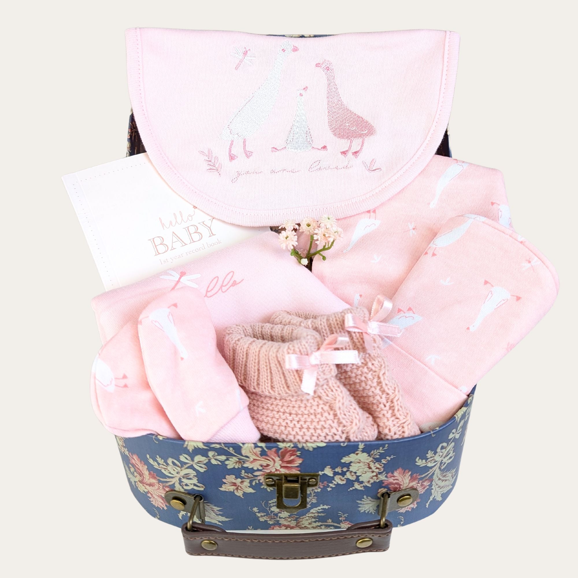 Baby girl gifts keepsake hamper with pink clothing set, baby booties and memory book.