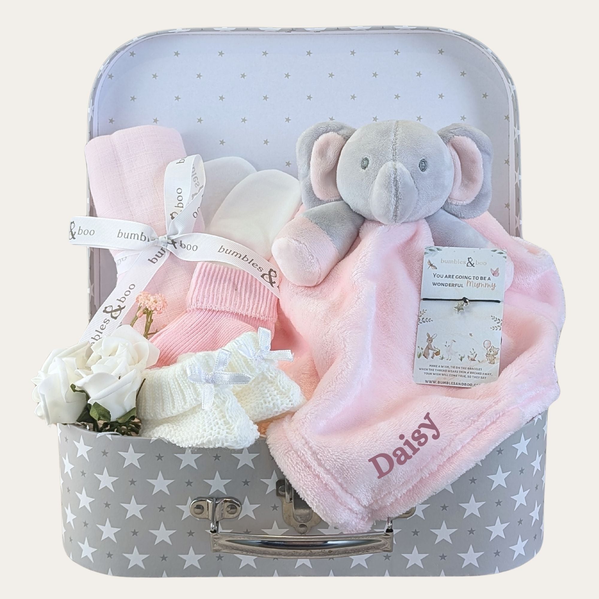 baby girl gifts trunk hamper with elephant baby comforter muslin, booties, socks and baby mittens