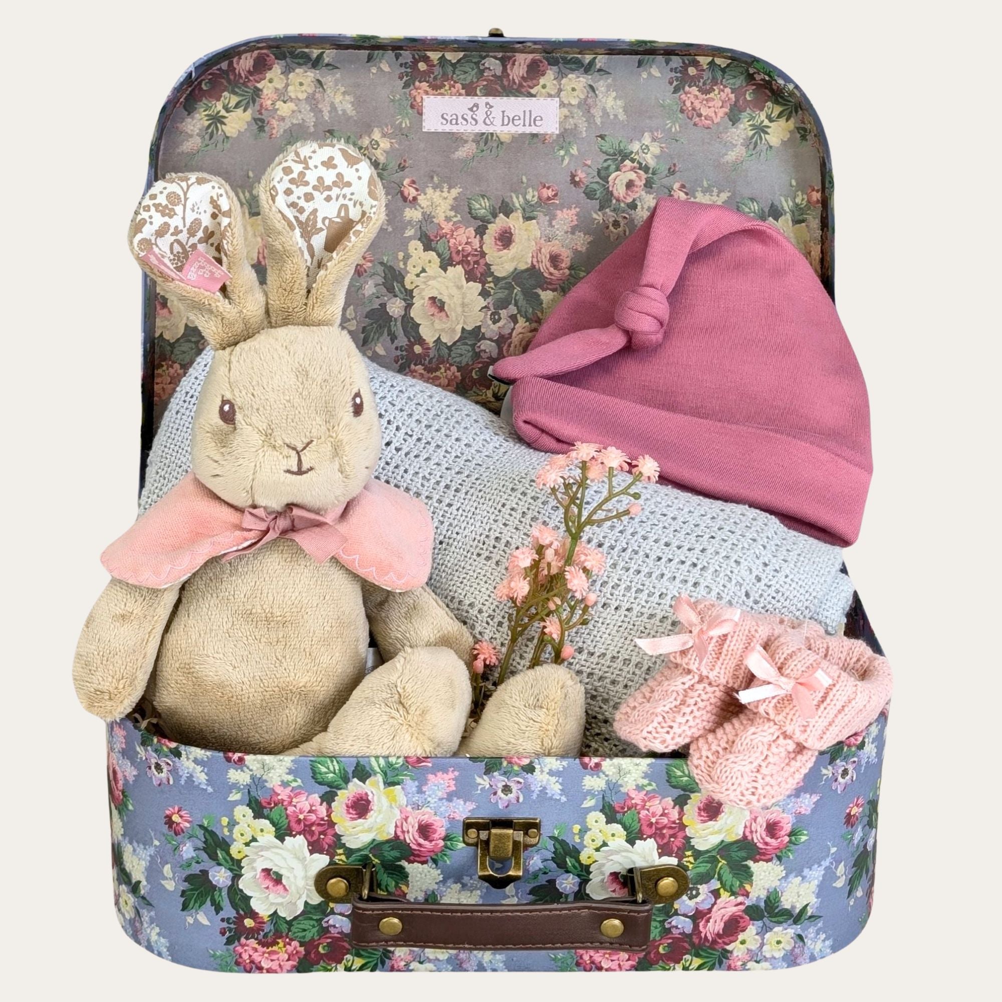 baby girl gifts keepsake hamper with grey blanket, pink hat, pink baby booties and signature flopsy bunny soft toy