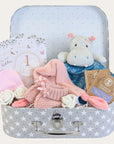 new baby girl gifts hamper with hippo baby comforter, baby booties and a treat for mum