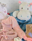 close up of hippo soft toy and baby milestone cards