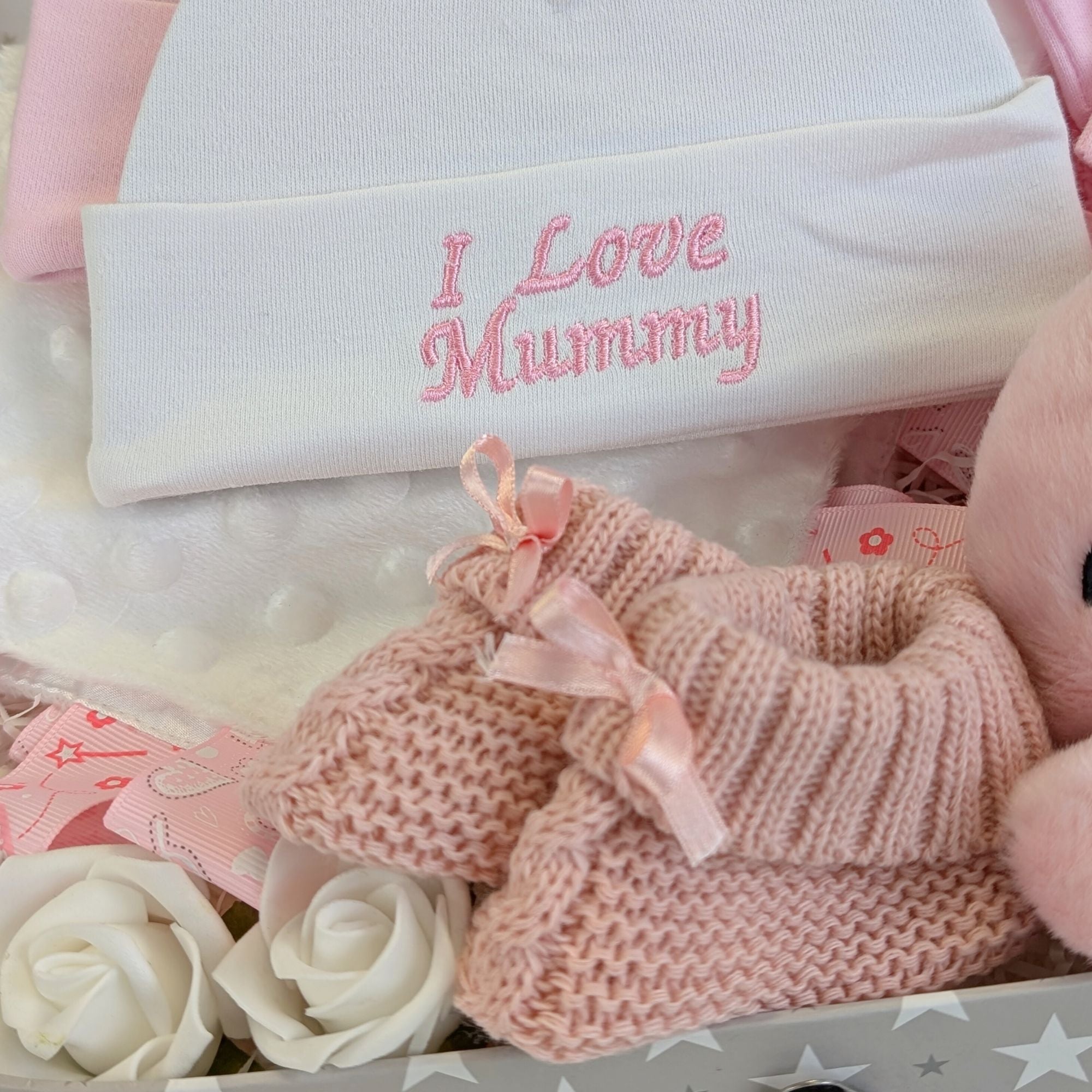 I Love You mummy pair of hats for a baby girl