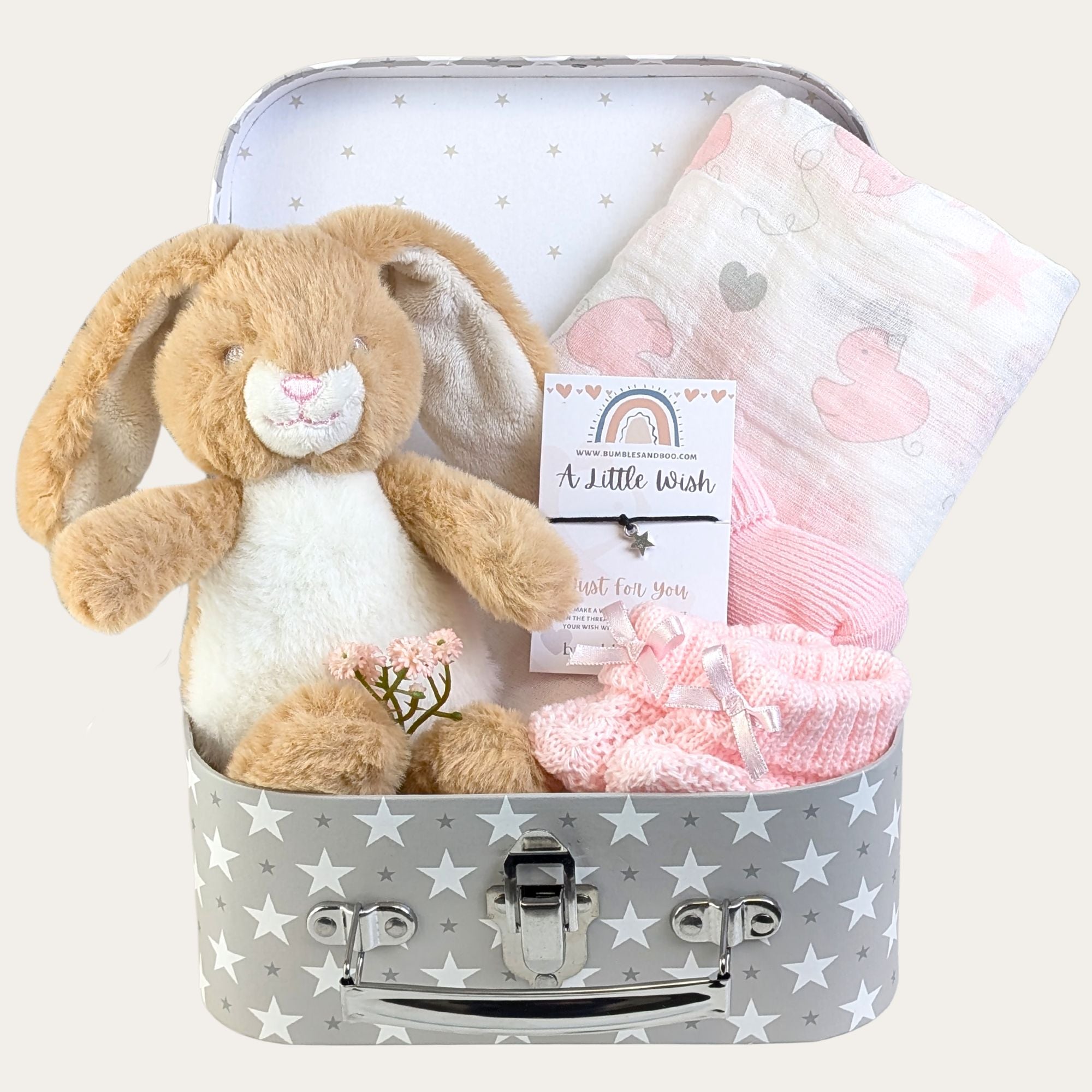 baby girl gifts hamper with muslin square bunny soft toy baby booties baby socks and gift for mum bumbles and boo