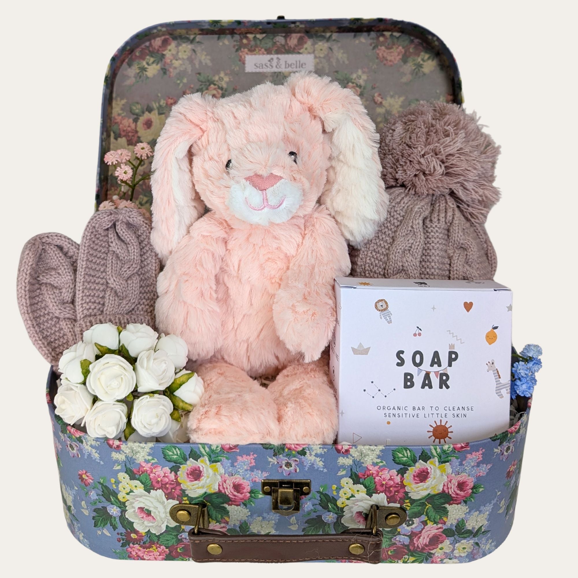 baby girl gifts luggage trunk with bunny rabbit organic soap bar for baby knit pompom hat baby mittens bumbles and boo