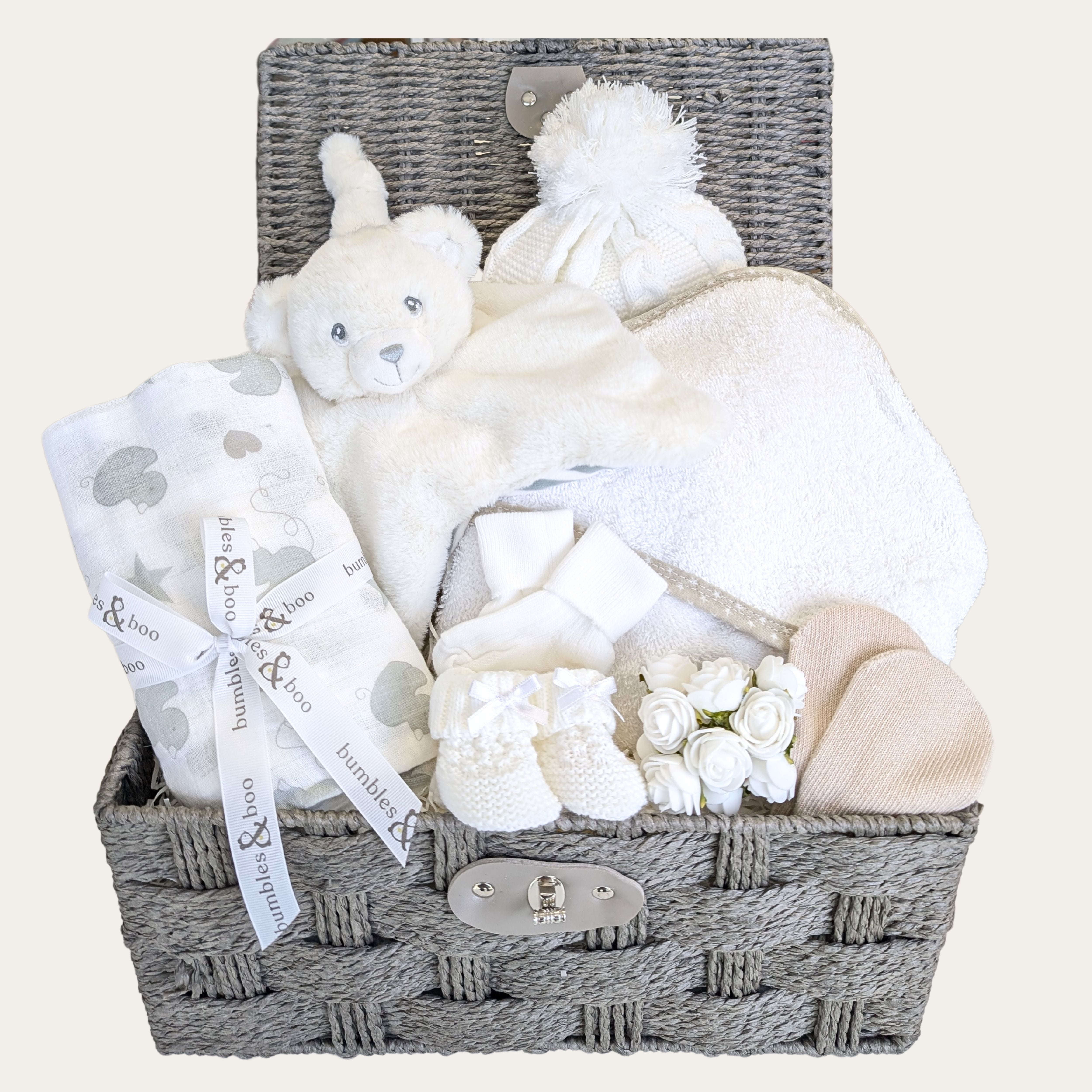 baby gift basket with a bear comforter for a baby in white plus a hooded bath towel baby clothing and muslin square