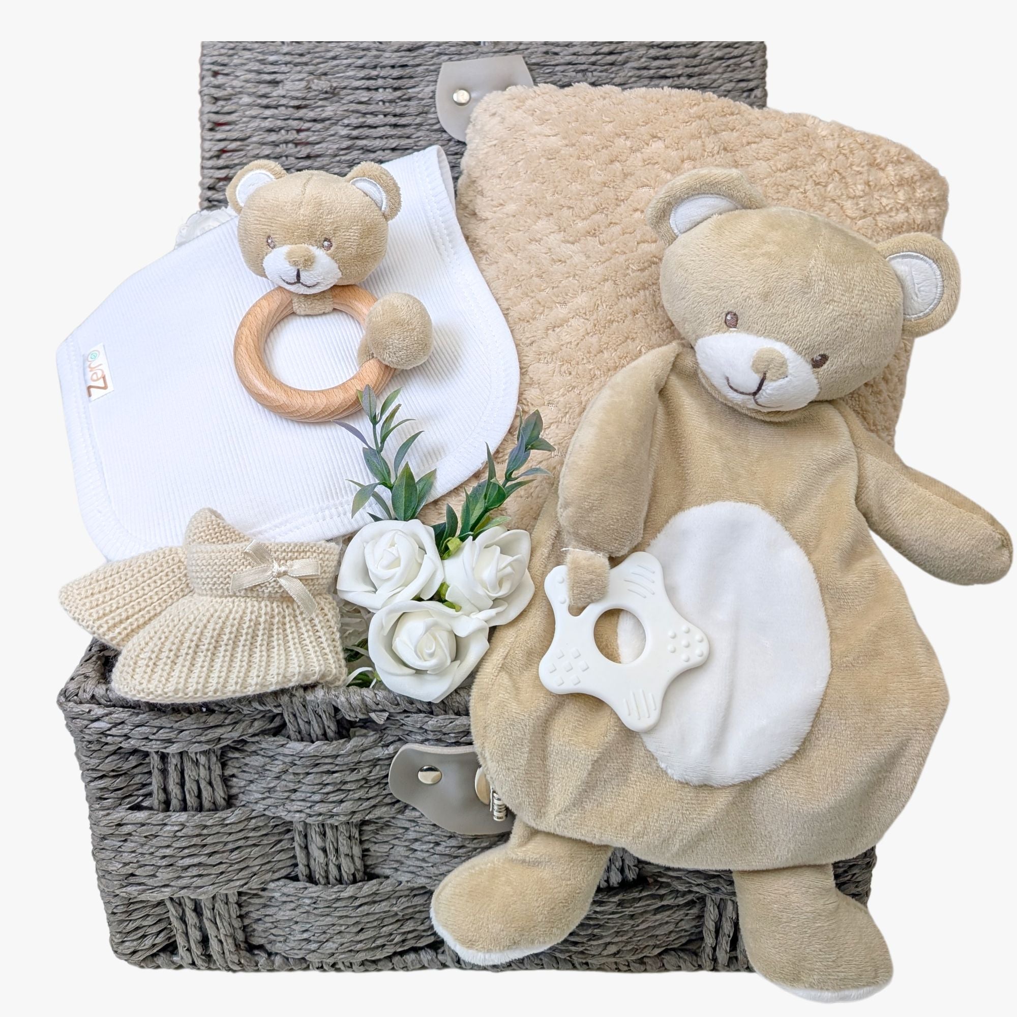 baby gift hamper with teddy soft toy and teething ring, plus blanket and baby bib. Bumbles and Boo.