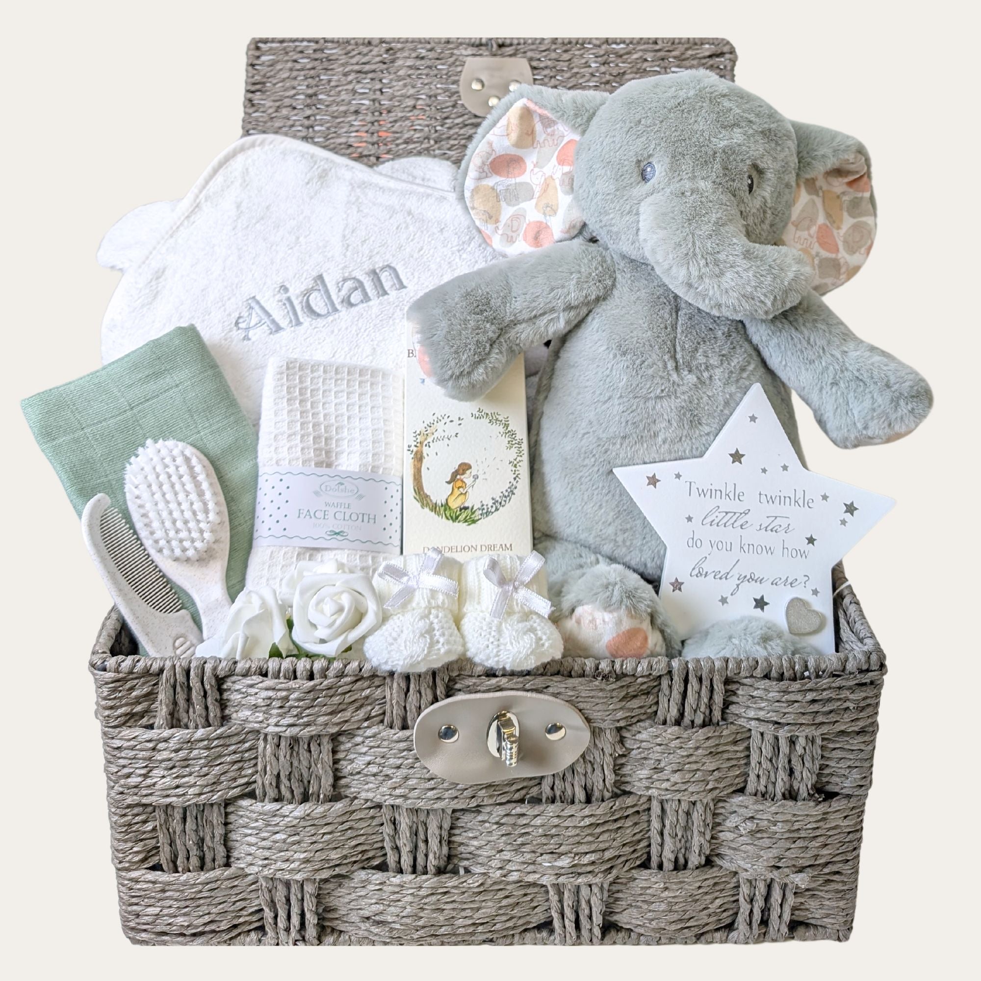 baby gift hamper with elephant and towel