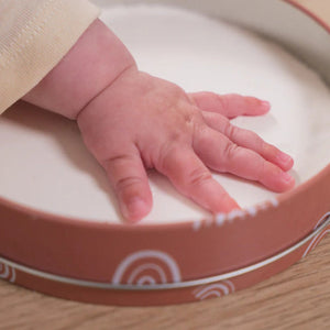 Baby Box Round – Rainbow Terracotta with wooden stand, designed for baby hand or footprint keepsakes