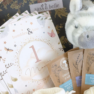 close up of baby milestone cards and organic tea in a new baby hamper gift