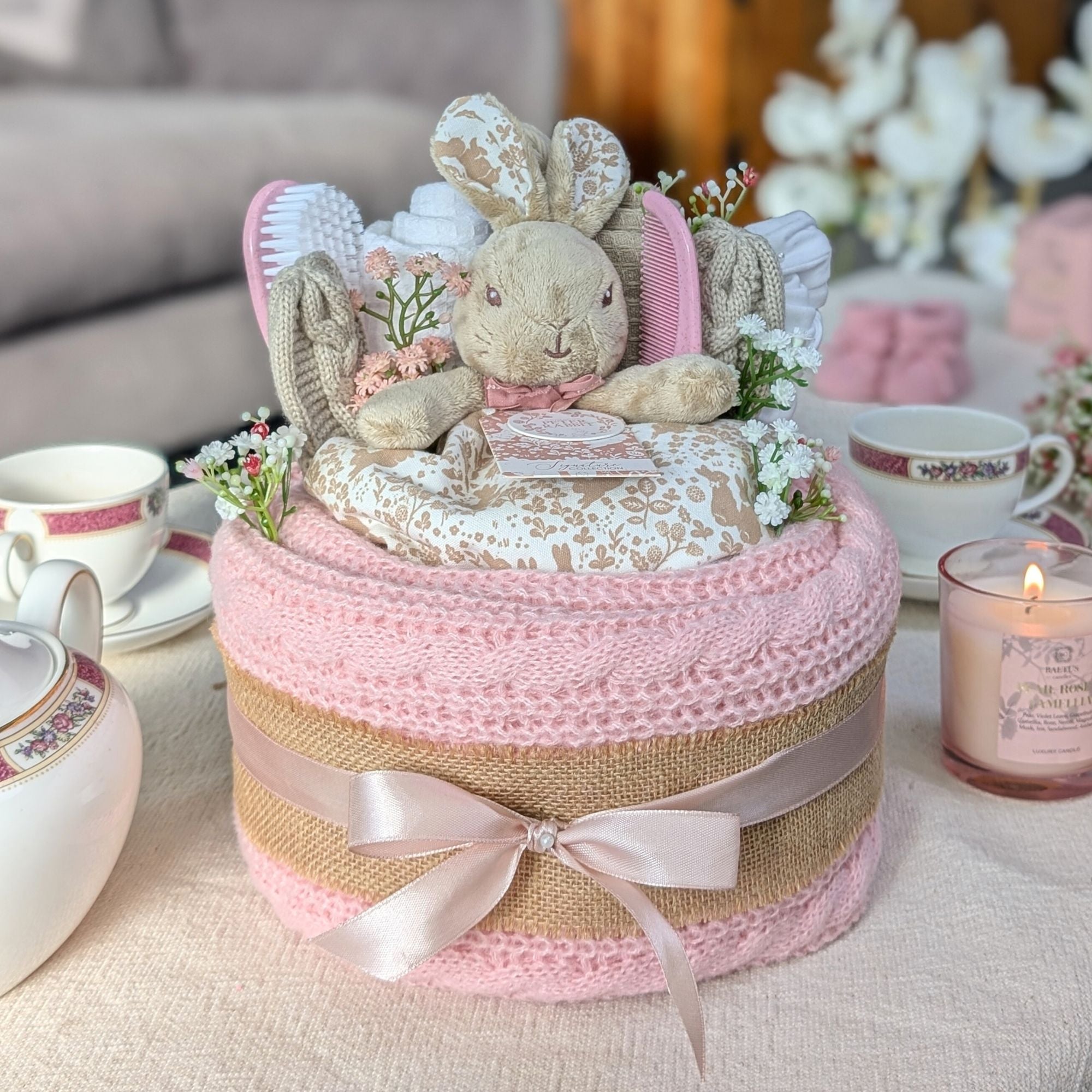 nappy cake for baby shower in pink