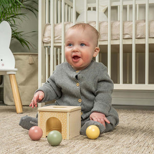 Play and Learn Box 6-12 Months featuring wooden book, ball drop box, puzzle, stacking teddy, and whale pull toy