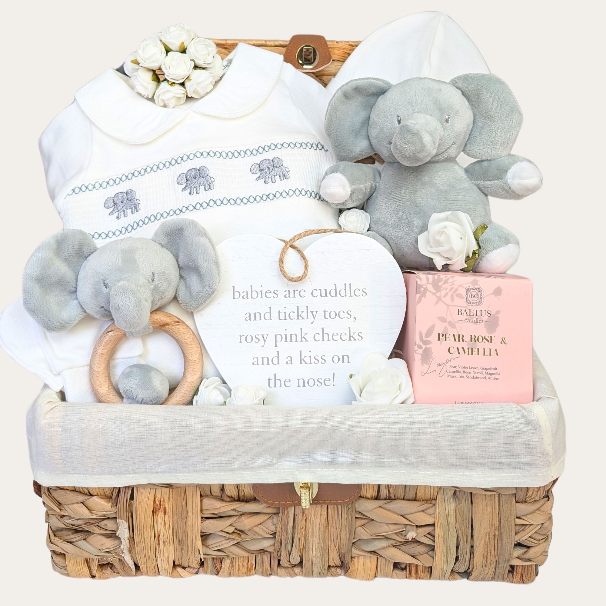 Baby shower gifts hamper with present for mum, white baby clothes and elephant theme by Bumbles & Boo.