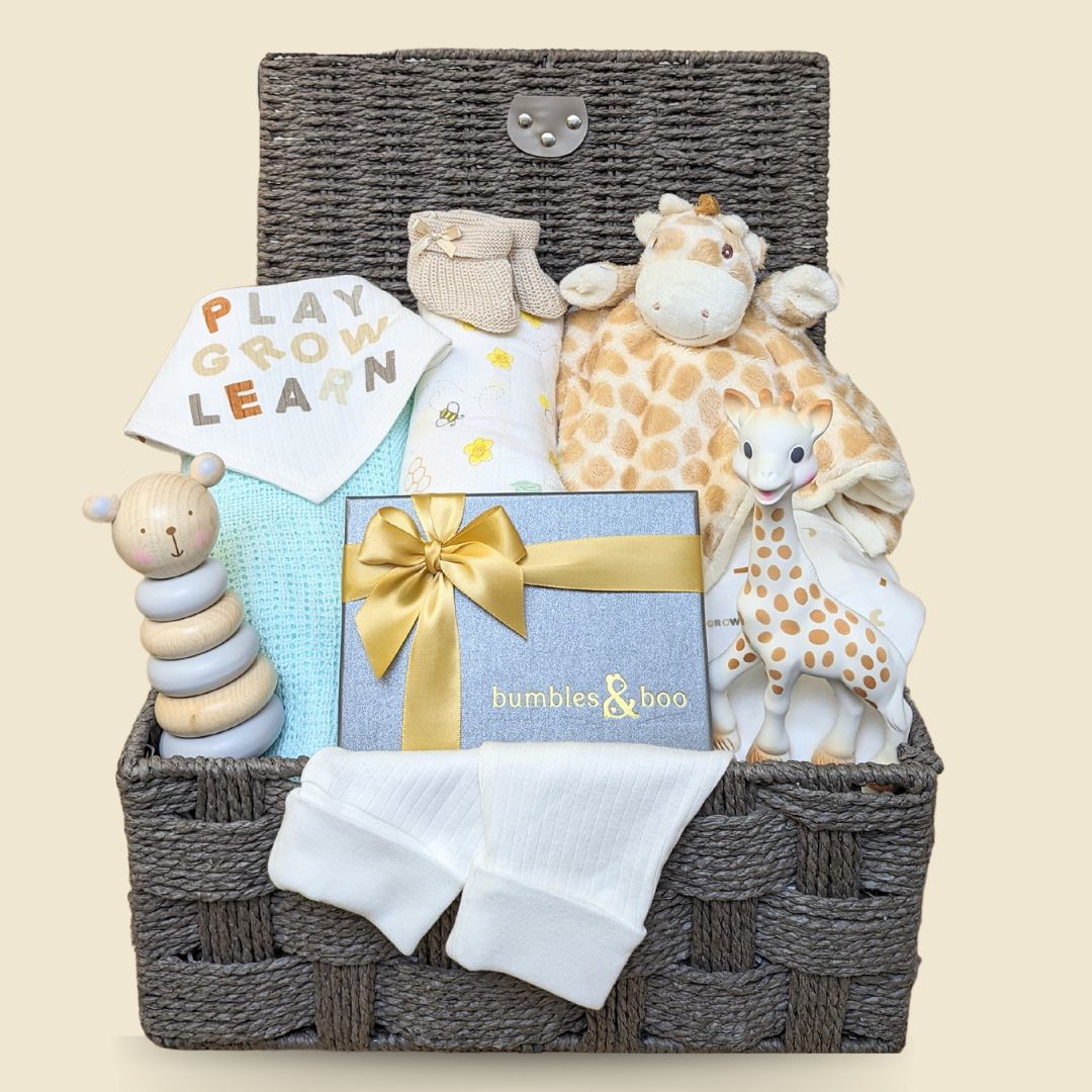 Amazon.com : iAOVUEBY Baby Shower Gifts for Girls Boys, Baby Gift Set for  Newborn, Wooden Baby Gifts Basket Infant Swaddle Blanket Elephant Rattle  Monthly Milestones Shoes Pacifier Clip Bibs Baby Gift Essentials :