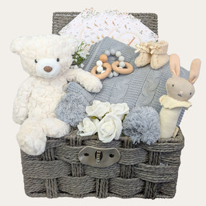 baby shower gifts basket with bunny rattle bear soft toy and baby blanket bumbles and boo