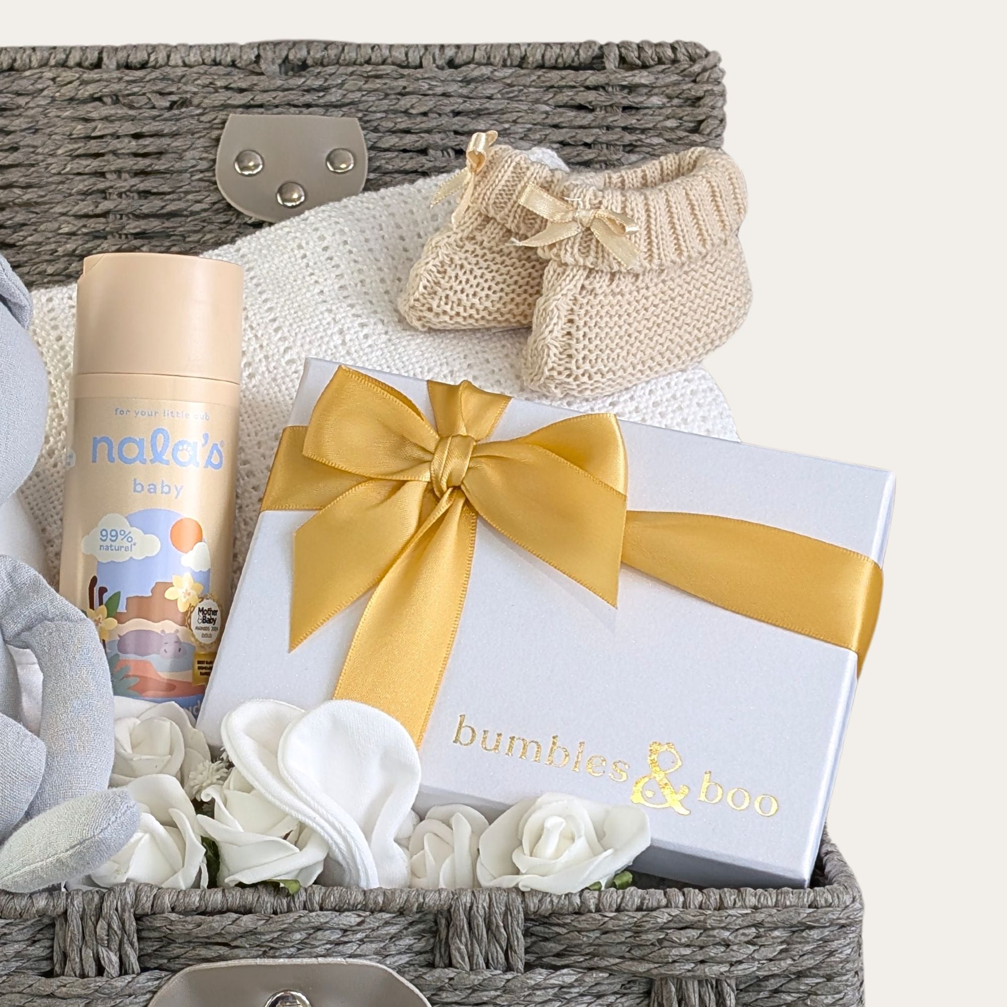 Close up of chocolates on the right side of the hamper basket.