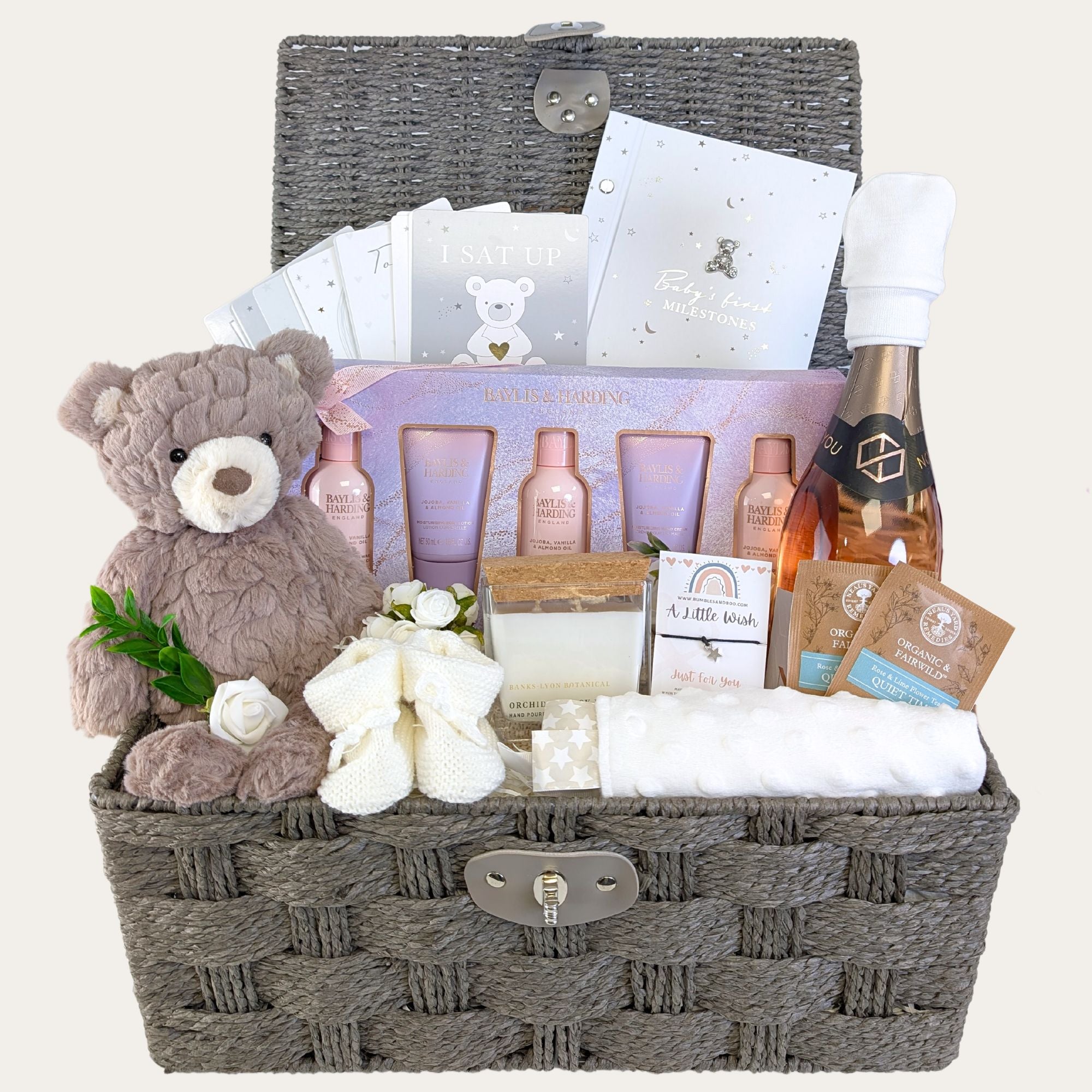 baby shower gifts basket with pamper treats for mum and a teddy for baby bumbles and boo