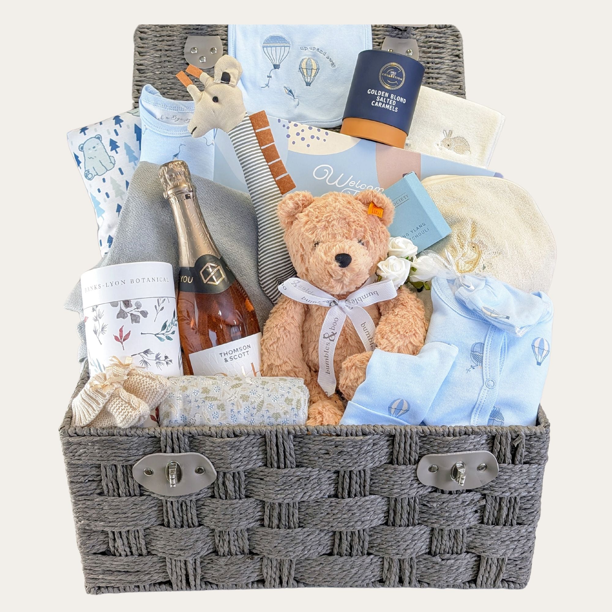 Large baby shower gifts hamper with lots of presents for mum and baby boy. Includes baby boy clothes set, soft toys and more. 