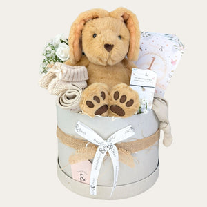 baby shower gifts hamper in a hat box with puppy soft toy, baby milestone cards, wish bracelet for mum.