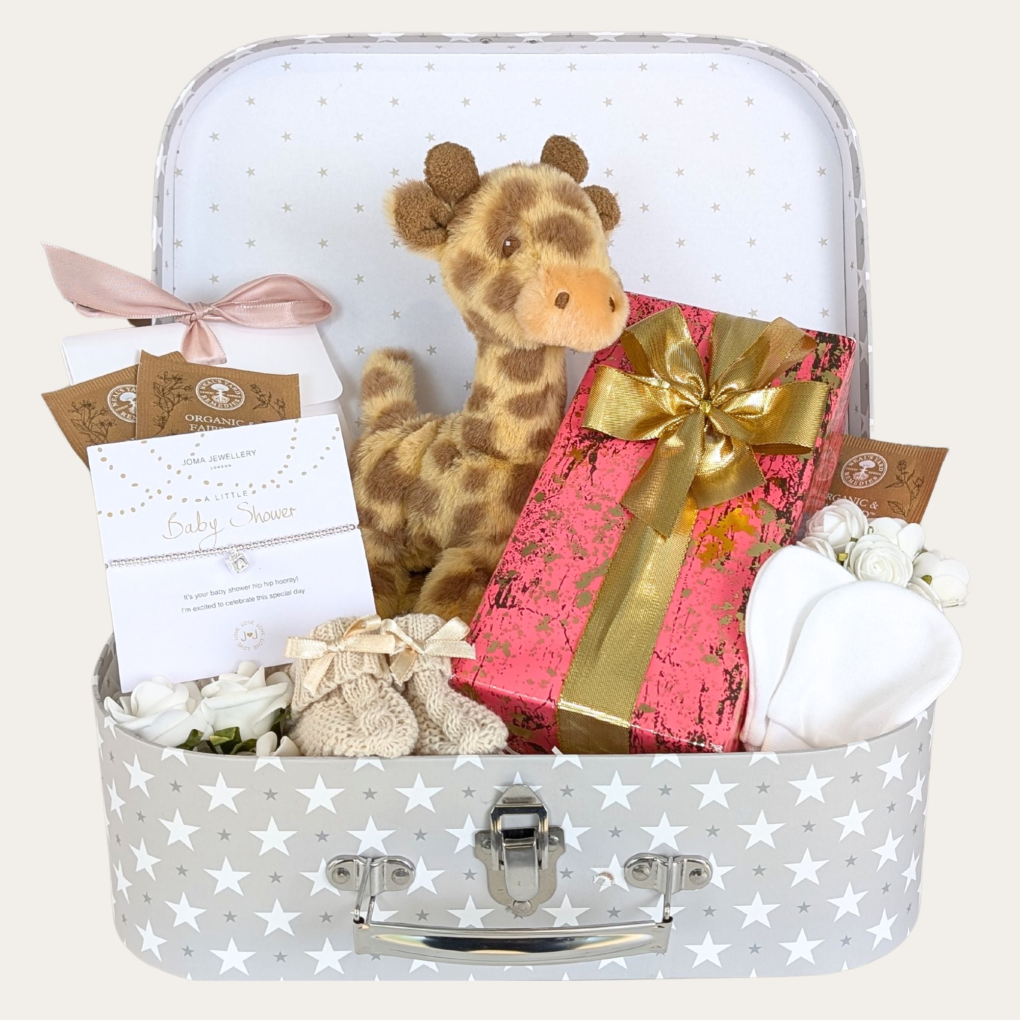 Baby shower gifts hamper with chocolates, giraffe soft toy, silver bracelet and baby gifts.