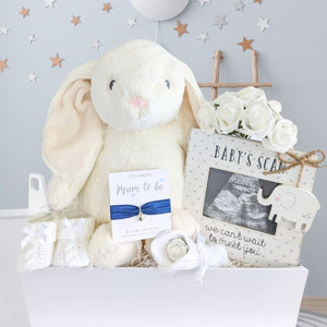 Baby Shower Hamper Box with gifts including scan frame and large white rabbit toy. 