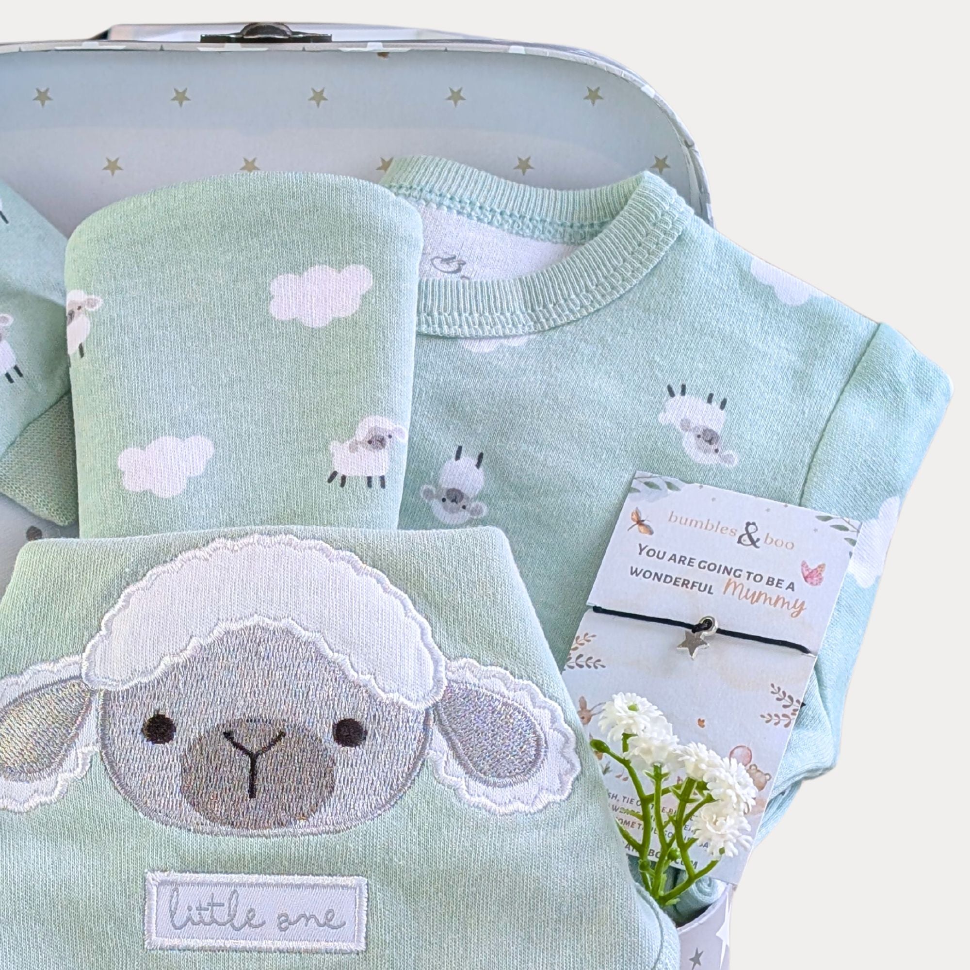 Close up of right side of hamper with baby clothes and mum bracelet.